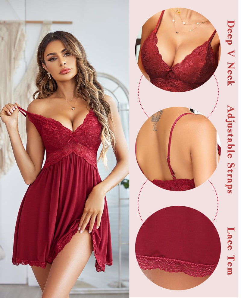 Avidlove Women Babydoll Nightgown Chemises Lace Modal Sleepwear V-Neck Full Slip Sleep Dress Dark Red - Image 2